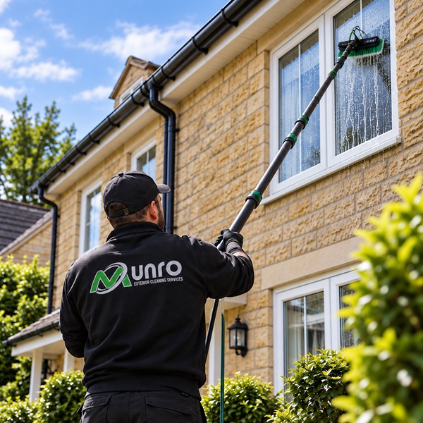Munro Cleaning professional cleaning windows with a water-fed pole in Bridport